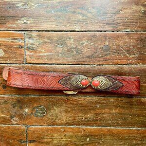 Vintage Adoppia Vita Brown Leather Belt Coral Jeweled Baroque Buckle Italy 28